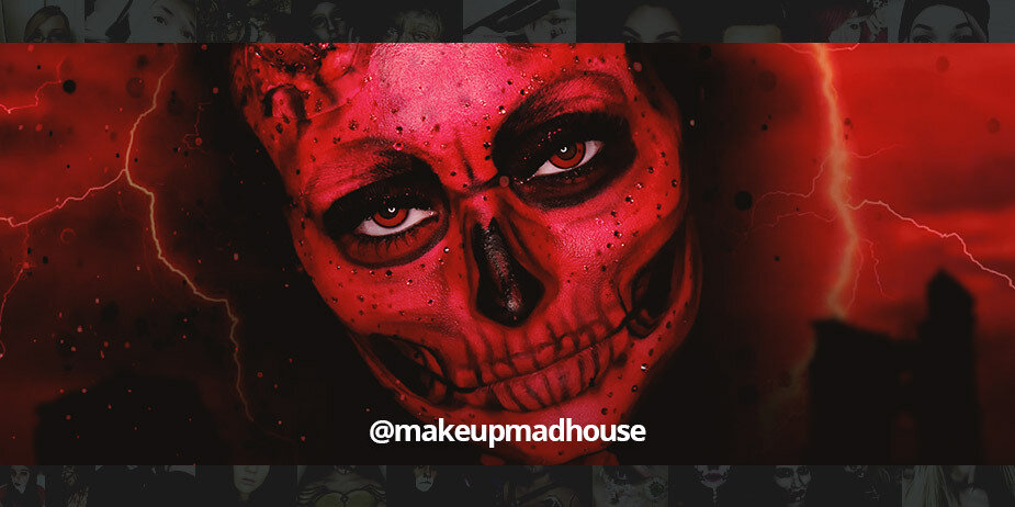 Teufelsskelett Halloween Make-up Mit Make-Up Madhouse & farbigen Kontaktlinsen